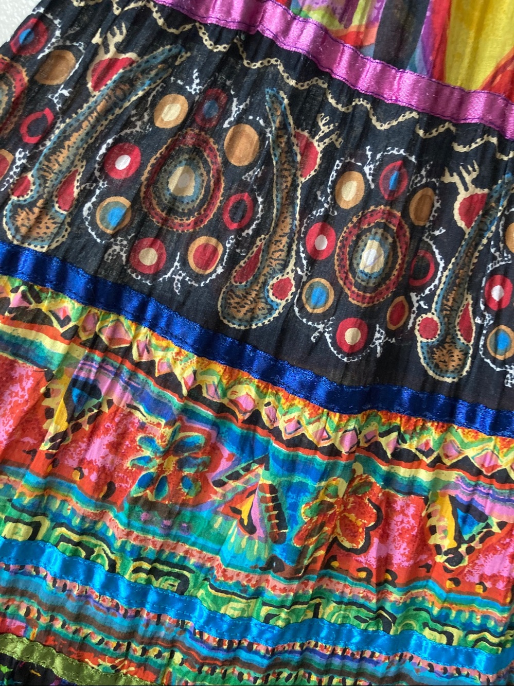 Vintage 90s Y2K Maxi Skirt Fish Floral Fruit Abstract Satin Ribbon trim sz M - Picture 4 of 10